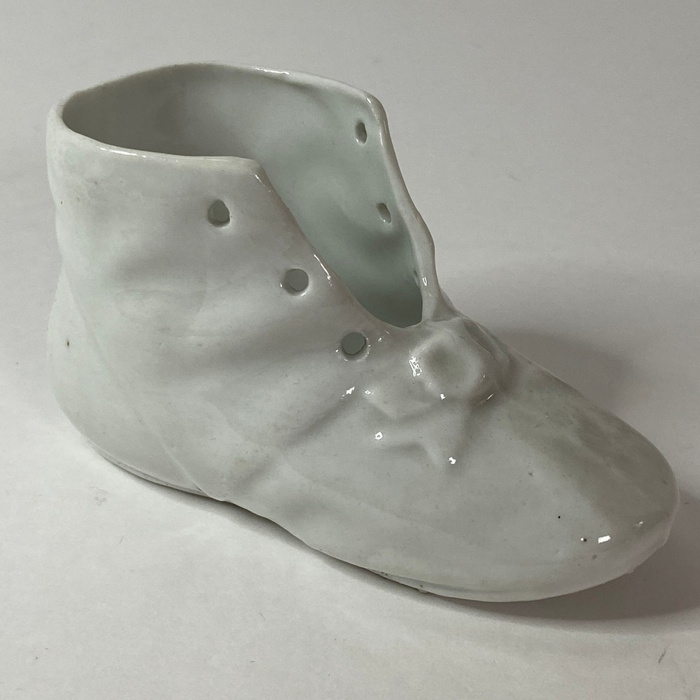 Vintage White Porcelain Baby Shoe Figurine Glazed Ceramic High Top Boot Planter